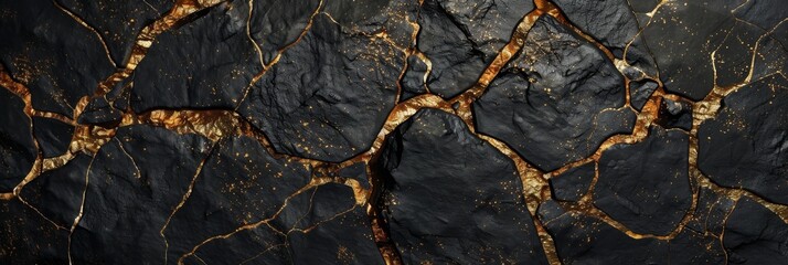 Gold Black Background, Golden Luxury Kintsugi Texture, Vantablack Mockup with Gold Metal Pattern