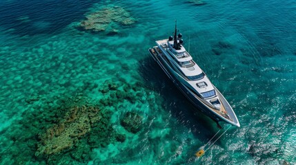 Aerial view of luxury yacht in sea water.