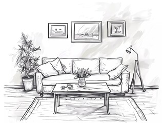 living room furniture hand drawn sketch illustration vector simple line drawing