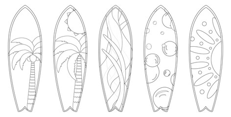 A fun coloring page featuring five surfboard designs with tropical and abstract patterns. Perfect for creative summer activities.