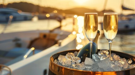 Champagne wine glass on luxury yacht in sea.