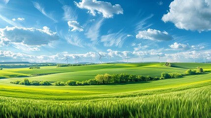 Fototapeta premium Serene countryside with wind turbines generating clean energy, lush green fields and blue skies, panoramic view, copy space