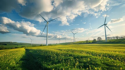 Wind turbines in a serene rural landscape, vibrant green fields, partly cloudy sky, wide angle with copy space