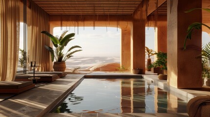 A pool with a view of the mountains and a few potted plants