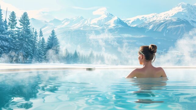 Female relax in hot spring spa with snow mountain in winter.