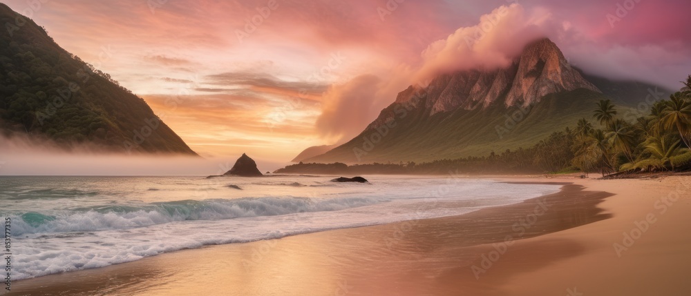 Wall mural a beautiful beach with surfaces in the distance, a large mountain on one side