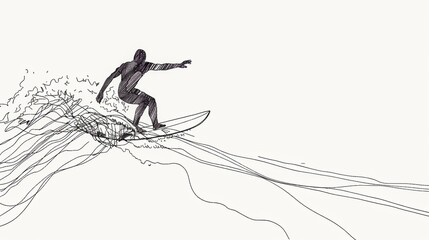 Vector illustration line art drawing of a surfer surfing with high tide with water splashes
