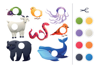 Educational children's patch game. Learning basic colors, cutting and gluing applique, activity page. Set of isolated cartoon animals and pets.