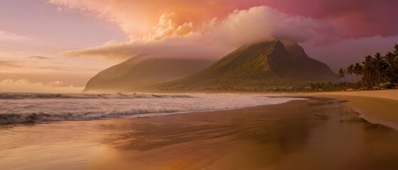 Fototapeta premium a beautiful beach with surfaces in the distance, a large mountain on one side