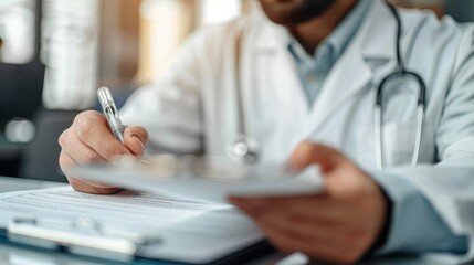 Fototapeta premium A medical professional is focused on scrutinizing medical paperwork with stethoscope visible