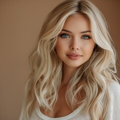 Naklejka premium Elegant Portrait of a Young Woman with Blonde Wavy Hair and Blue Eyes in Soft Lighting 
