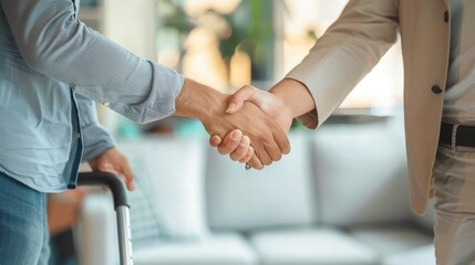 Obraz premium The image captures a handshake between two professionals, one with travel luggage, suggesting a farewell or arrival