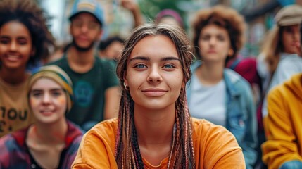 A confident girl in yellow amidst a crowd of peers, exuding charisma and leadership