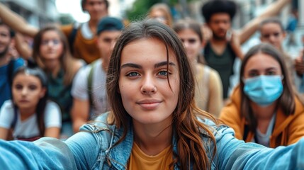 Fototapeta premium A young woman stands out as she takes a selfie with a diverse group of people who are out of focus in the background
