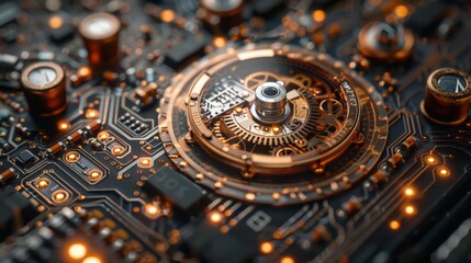 Antique Clockwork with Digital Elements: Show an intricate antique clockwork mechanism interwoven with digital circuit board patterns, symbolizing the convergence of past and future technologies. 