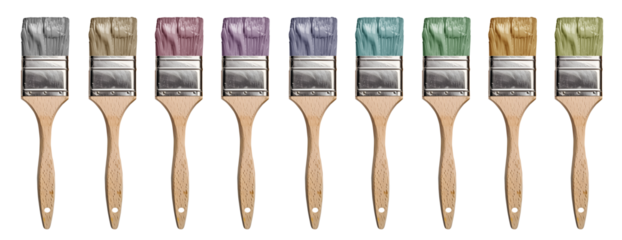 Set collection of classic paint brush with many muted subtle colours of grey, pink, purple, violet, blue, green, orange, brown on transparent PNG file. Mockup template for artwork design