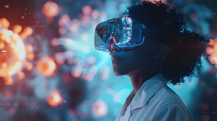 A black girl scientist in a white coat with her hair pulled back in a ponytail wearing virtual reality glasses against a background of blurred holograms with coronavirus and other molecules