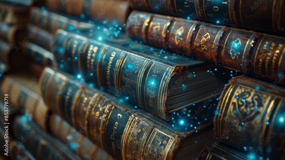 Fototapete old books with digital annotations: illustrate a background featuring stacks of old books with glowi