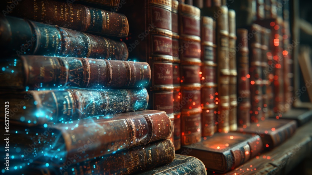 Fototapete old books with digital annotations: illustrate a background featuring stacks of old books with glowi