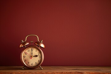 The alarm clock sits on a wooden table against a burgundy background with copy space and time concept. 