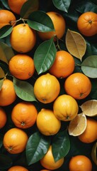 A stunning arrangement of ripe oranges nestled among glossy green leaves, celebrating the freshness and vitality of citrus