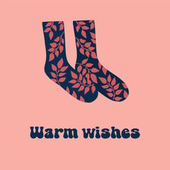 Textile socks with leaves and inscription Warm wishes, vector, poster, postcard