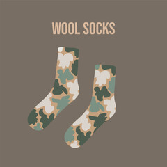 Textile children's sock in militaristic coloring with wool socks caption, vector