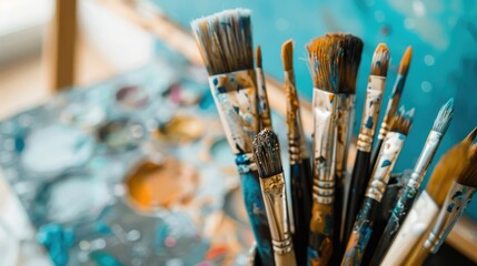 Fototapeta premium Close-up of used artists' brushes with colorful dried paint against an artistic backdrop, showing creativity and art process