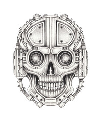 Cyberpunk skull surreal art design by hand drawing on paper.