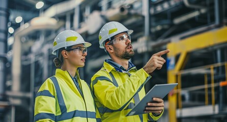 A male and female construction worker wearing yellow safety jackets, white helmets holding a tablet computer while standing in front of a concrete factory