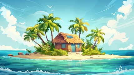 Obraz premium Vector illustration of beautiful scenic landscape of tropical sea island with palm tree and house