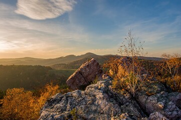 Mountain dramatic sunset panorama autumn landscape. Discovering tourism in the colorful autumn landscape.
