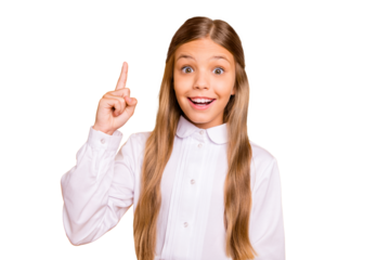 Close-up portrait of her she nice-looking attractive knowledgeable creative genius brainy cheerful cheery straight-haired pre-teen girl pointing up isolated on bright vivid shine yellow background