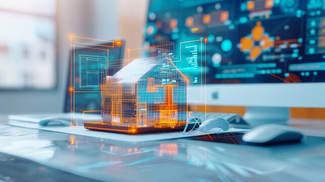 Modern Structural Engineering Workspace with Blueprints, Models, and Technology Screens