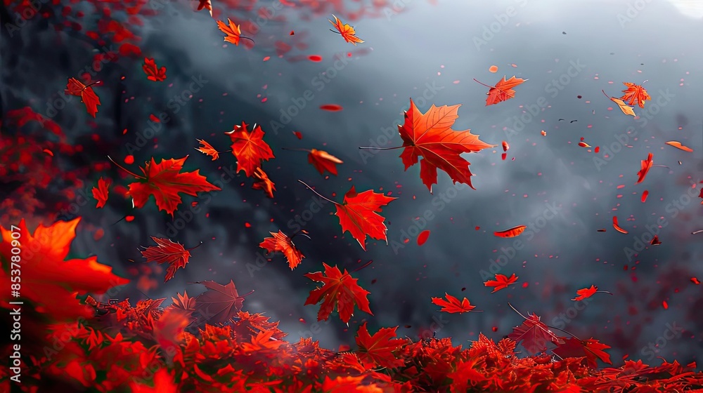 Poster red autumn leaves falling in a misty forest, creating a vibrant and ethereal scenery. captures the e