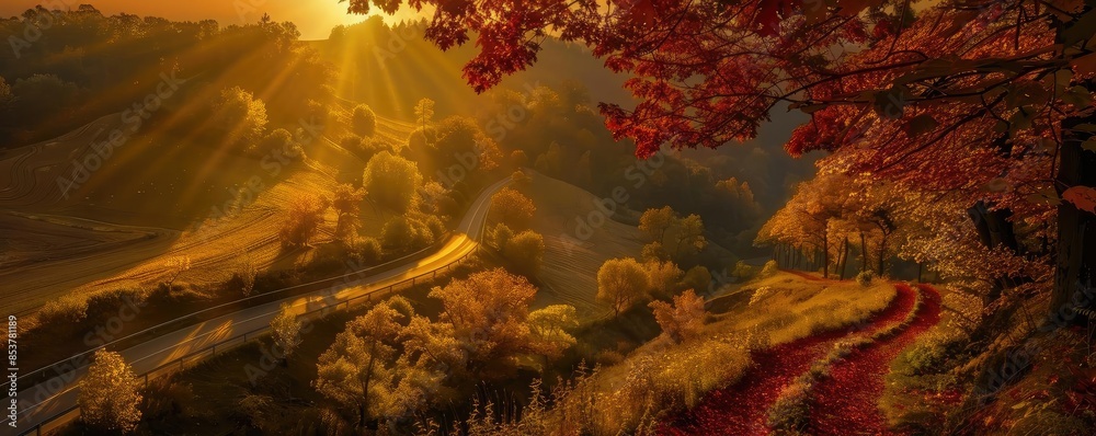 Poster Serene autumn landscape with golden sunlight filtering through colorful trees, illuminating a winding path in a tranquil countryside.