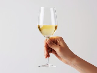 Close-up of a hand holding a wine glass filled with white wine against a plain background. Perfect for beverage and lifestyle themes.