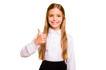 Portrait of her she nice attractive cheerful cheery glad confident straight-haired pre-teen girl showing thumbup excellent perfect cool good advert isolated over bright vivid shine yellow background