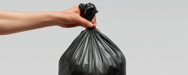 Hand holding a tied black garbage bag on a plain background, symbolizing waste management, cleanup, and disposal.