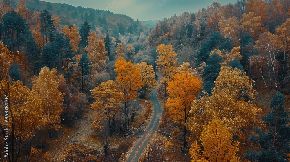 Poster aerial view of a winding road through a forest in autumn with vibrant golden and orange foliage unde