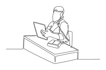 Continuous one line drawing young male manager reading company annual report while receiving phone call from staff at office. Check report concept. Single line draw design vector graphic illustration
