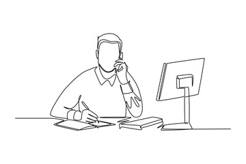 Single one line drawing of young male employee holding smartphone while writing report on paper and reading business report on monitor computer. Continuous line draw design graphic vector illustration