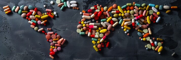 World Map Made of Medicine Pills, Pill Earth, Drugs Continents, Medicine Pills World, Abstract Generative AI Illustration