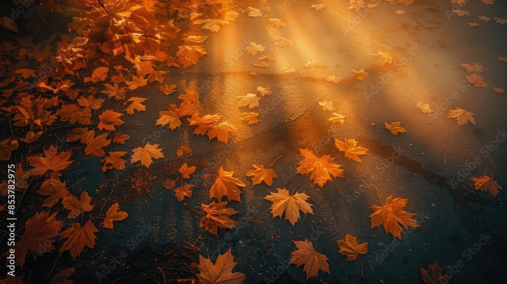 Poster sunlight filters through orange autumn leaves scattered on the ground, creating a warm and serene fa