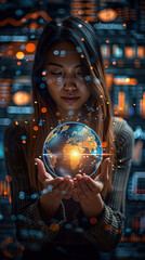 Fototapeta premium Close-up of business woman hand holding shining earth globe market symbolizing innovation and sustainability business communication internet strategy with charts and graphs projected on background 