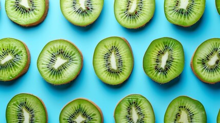 Fototapeta premium Fresh kiwi slices arranged in neat pattern on a vibrant blue background. The bright green flesh and tiny black seeds create a visually appealing contrast, perfect for healthy eating and fruit concepts