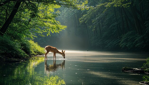a deer drinking water from a river surrounded by trees