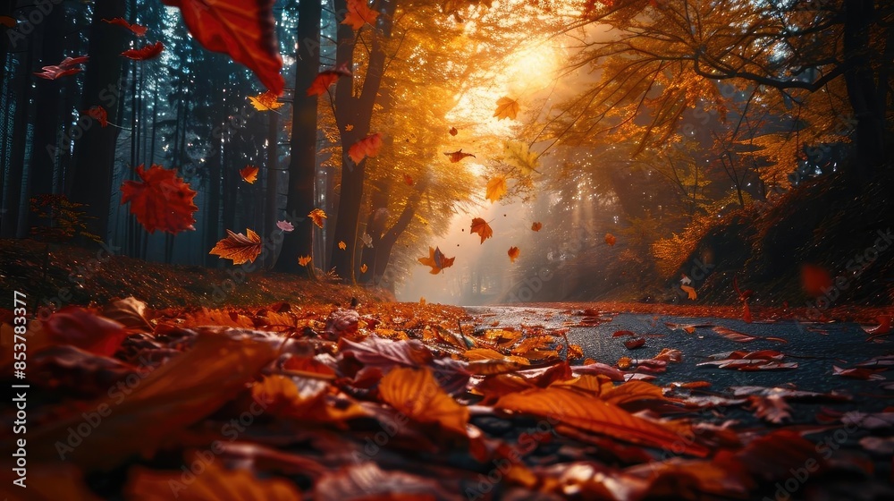 Poster Autumn leaves falling in a serene forest with warm sunlight filtering through trees, creating a picturesque and calm natural scenery.