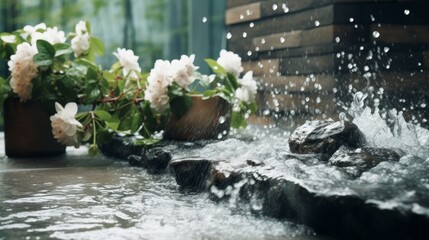 Tranquil spa scene  water flowing on stone in sauna interior for wellness concept