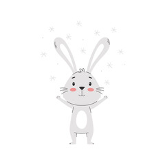 A cute smiling rabbit, rejoicing in the flying snowflakes